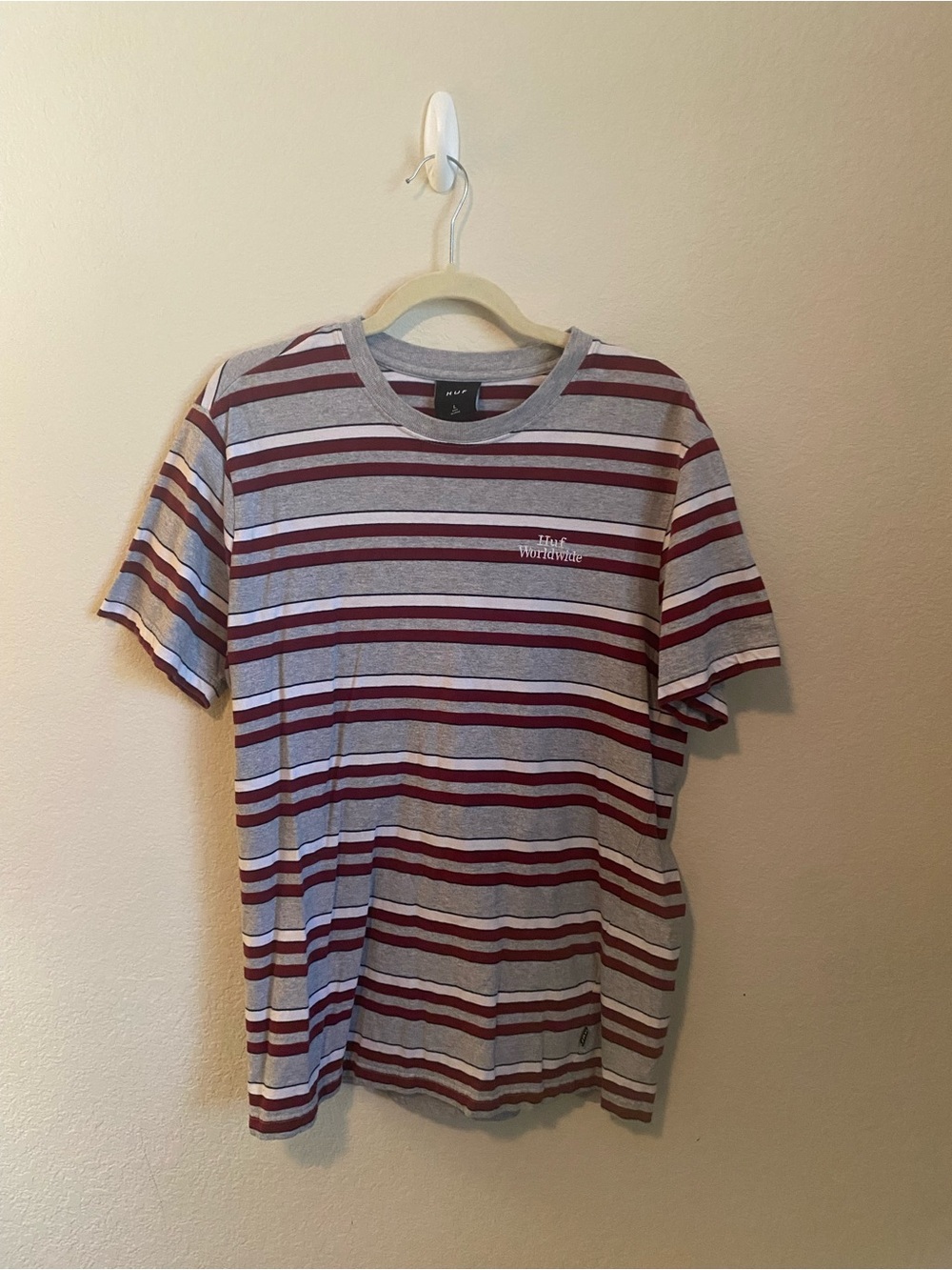 HUF Gray and Burgundy Striped Short Sleeve Tee